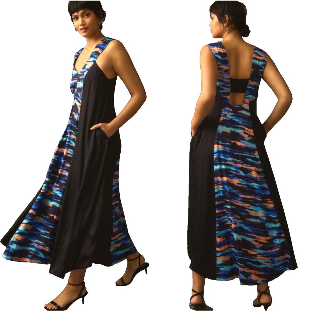 Anthropologie‎ Maeve V-Neck Maxi Dress Black Abstract Runs Big Size 0/Small NWOT